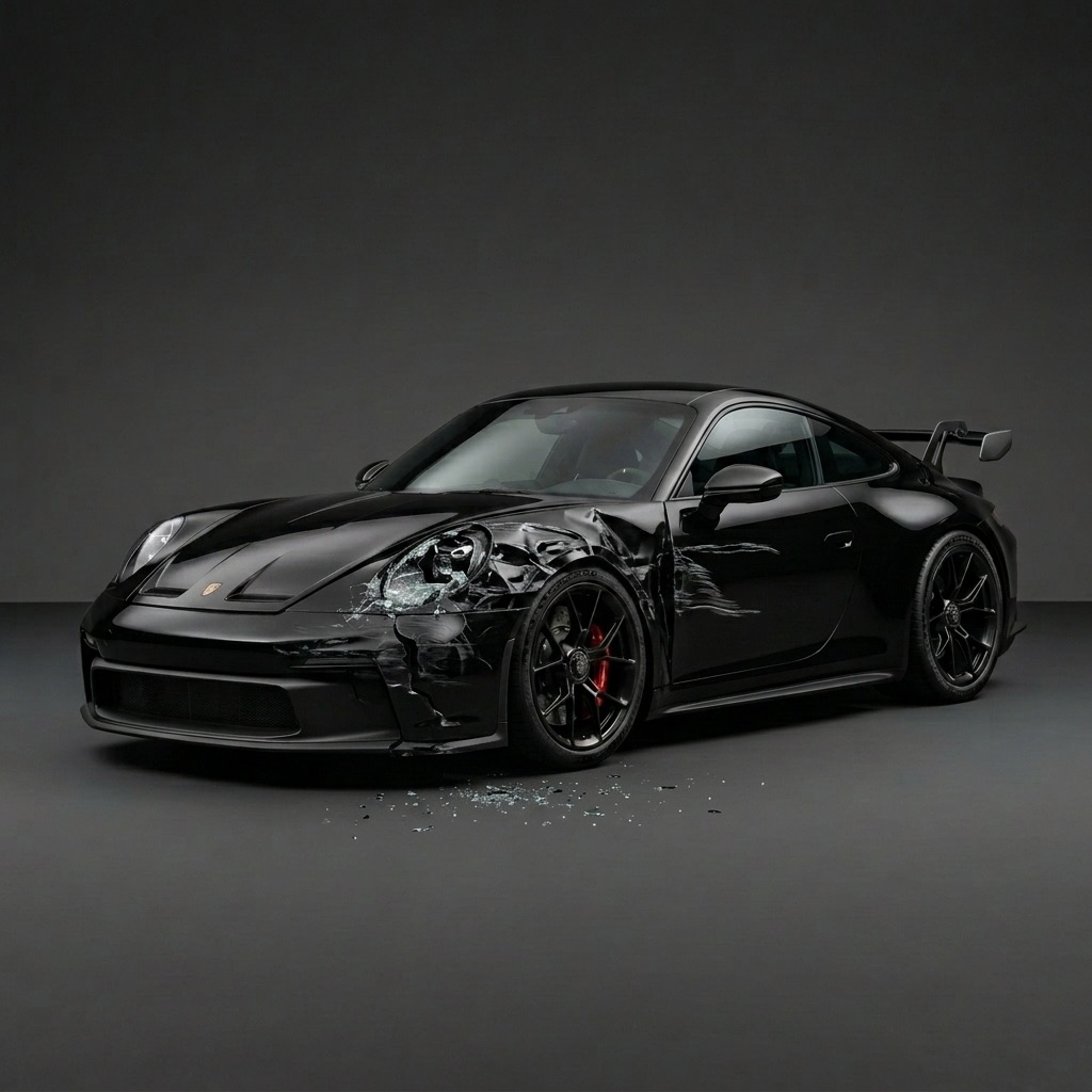 Porsche 911 GT3 with frontend damage before repair